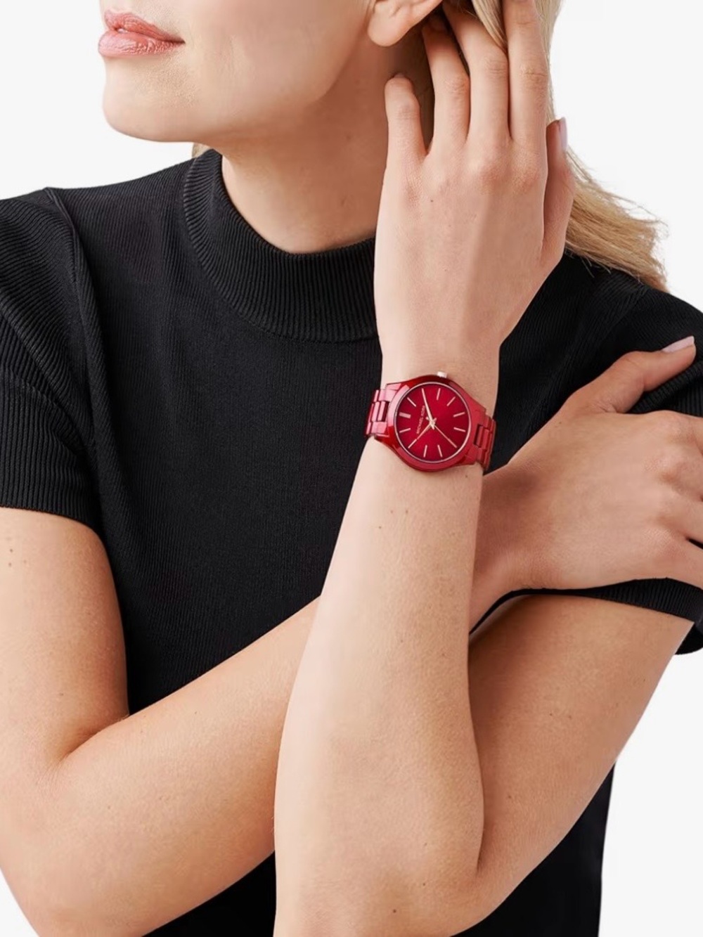 Michael Kors Red Metal Slim Runway Watch with Rose Gold Accents - Picture 4 of 5